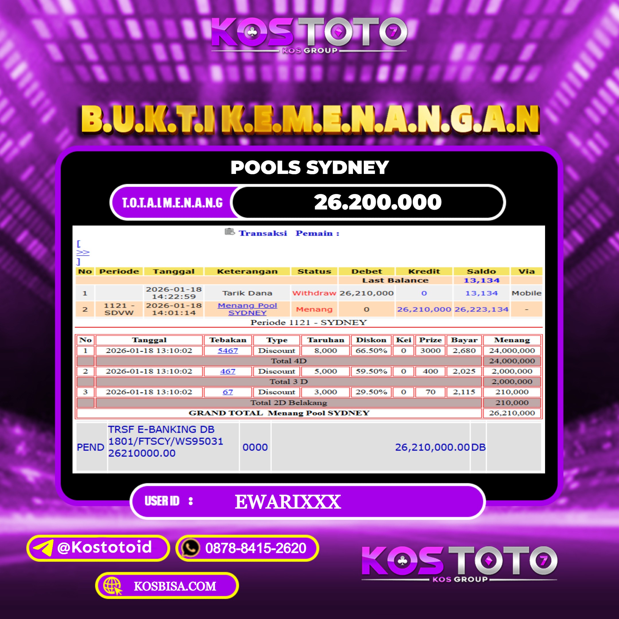 KOSTOTO JACKPOT TOGEL SYDNEY Rp.26.200.000,- LUNAS USER ID : EWARI***