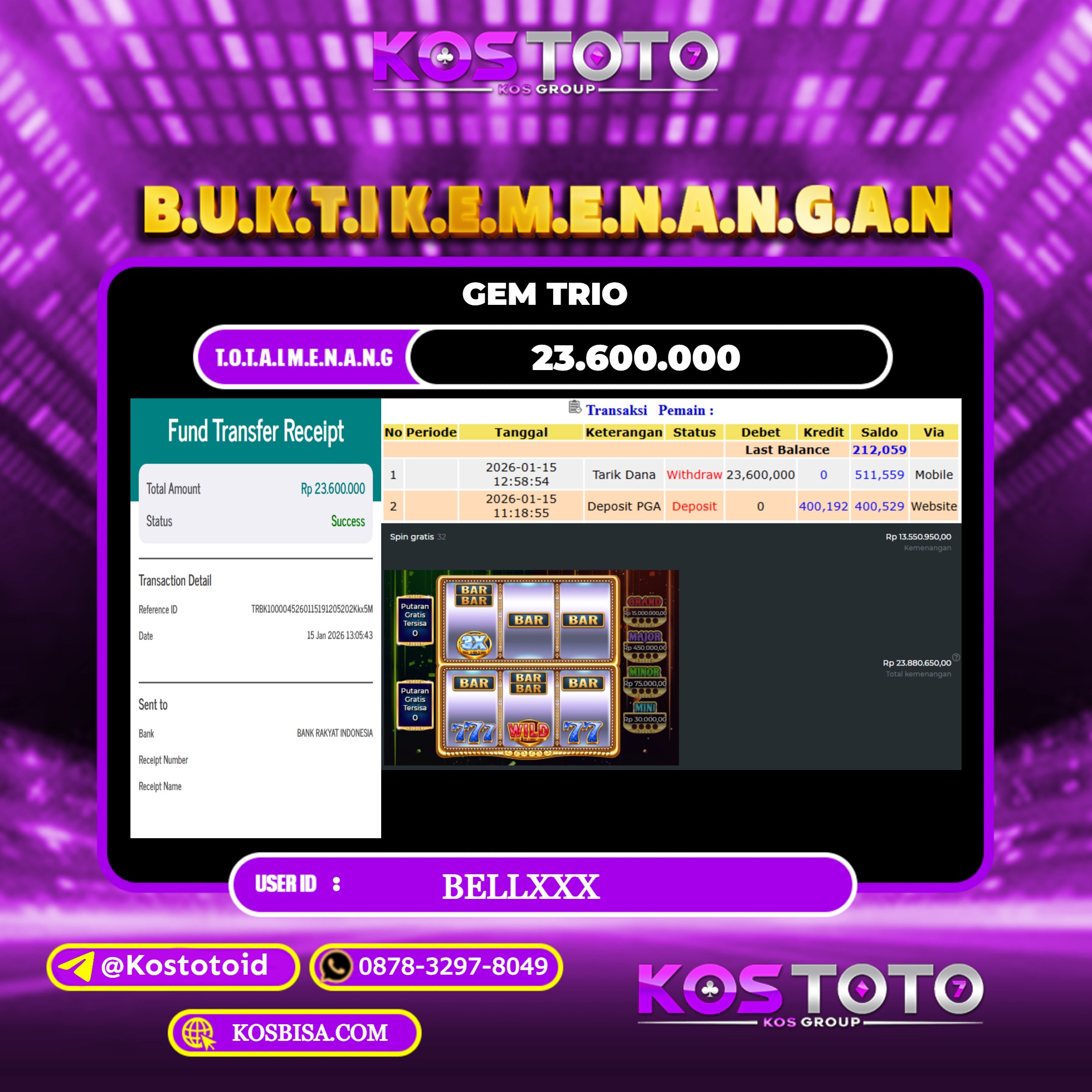 KOSTOTO JACKPOT SLOT GEM TRIO RP.23.600.000,- LUNAS USER ID : BELL***