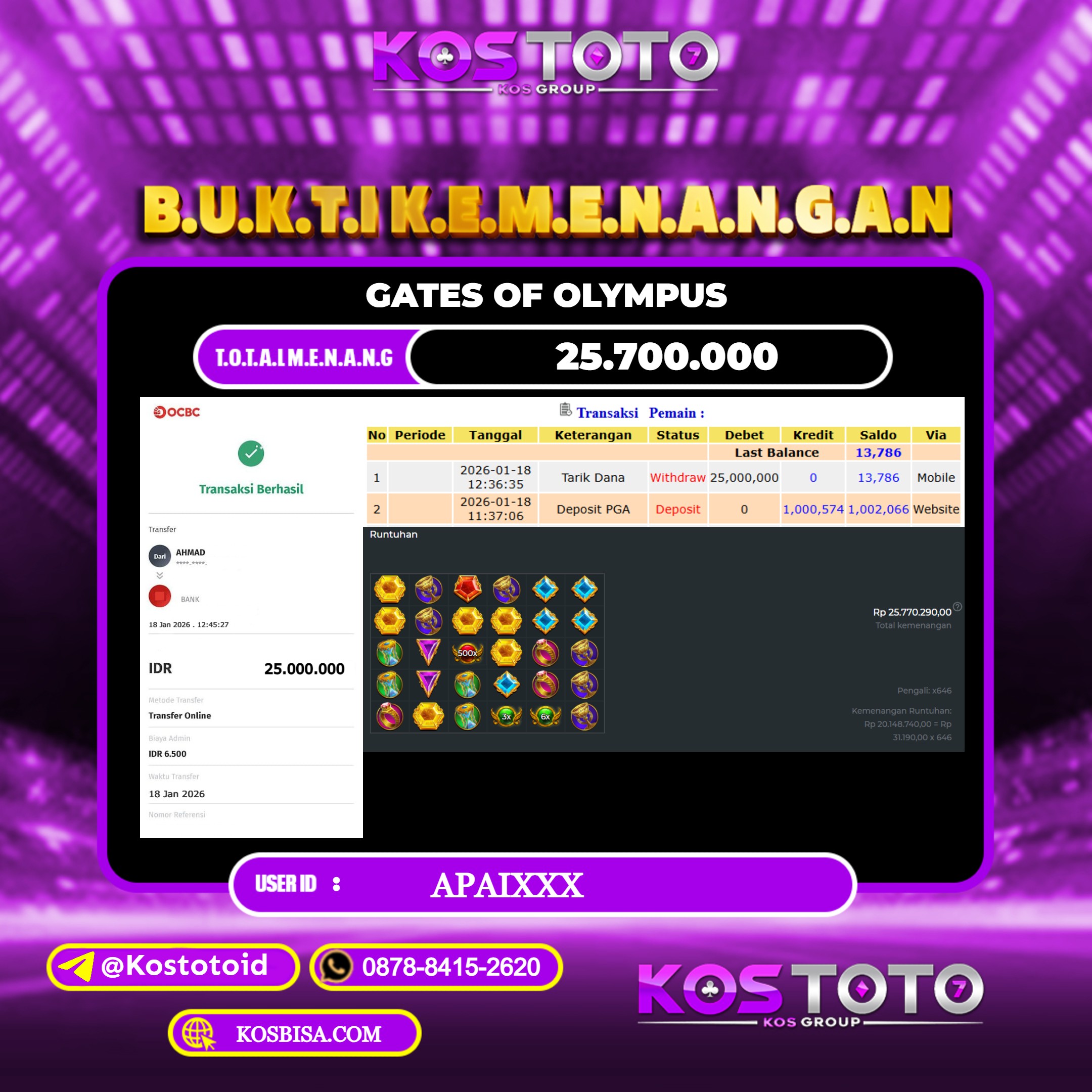 KOSTOTO JACKPOT SLOT GATES OF OLYMPUS RP.25.700.000,- LUNAS USER ID : APAI***