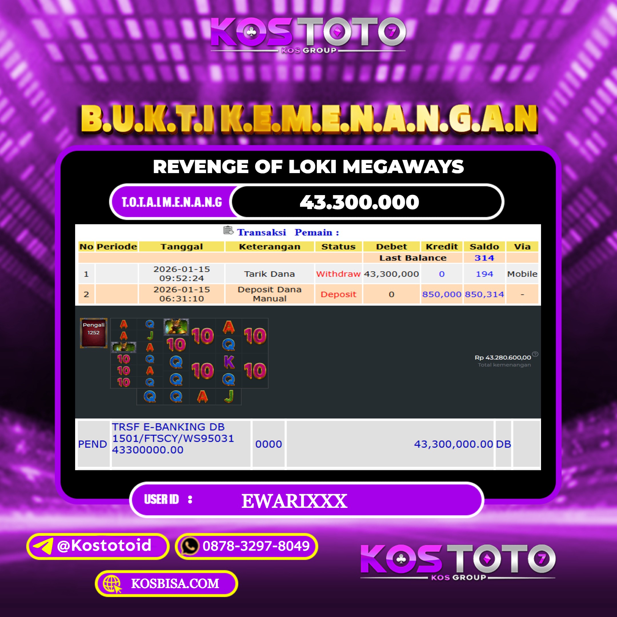 KOSTOTO JACKPOT SLOT REVENGE OF LOKI MEGAWAYS RP.43.300.000,- LUNAS USER ID : EWARI***