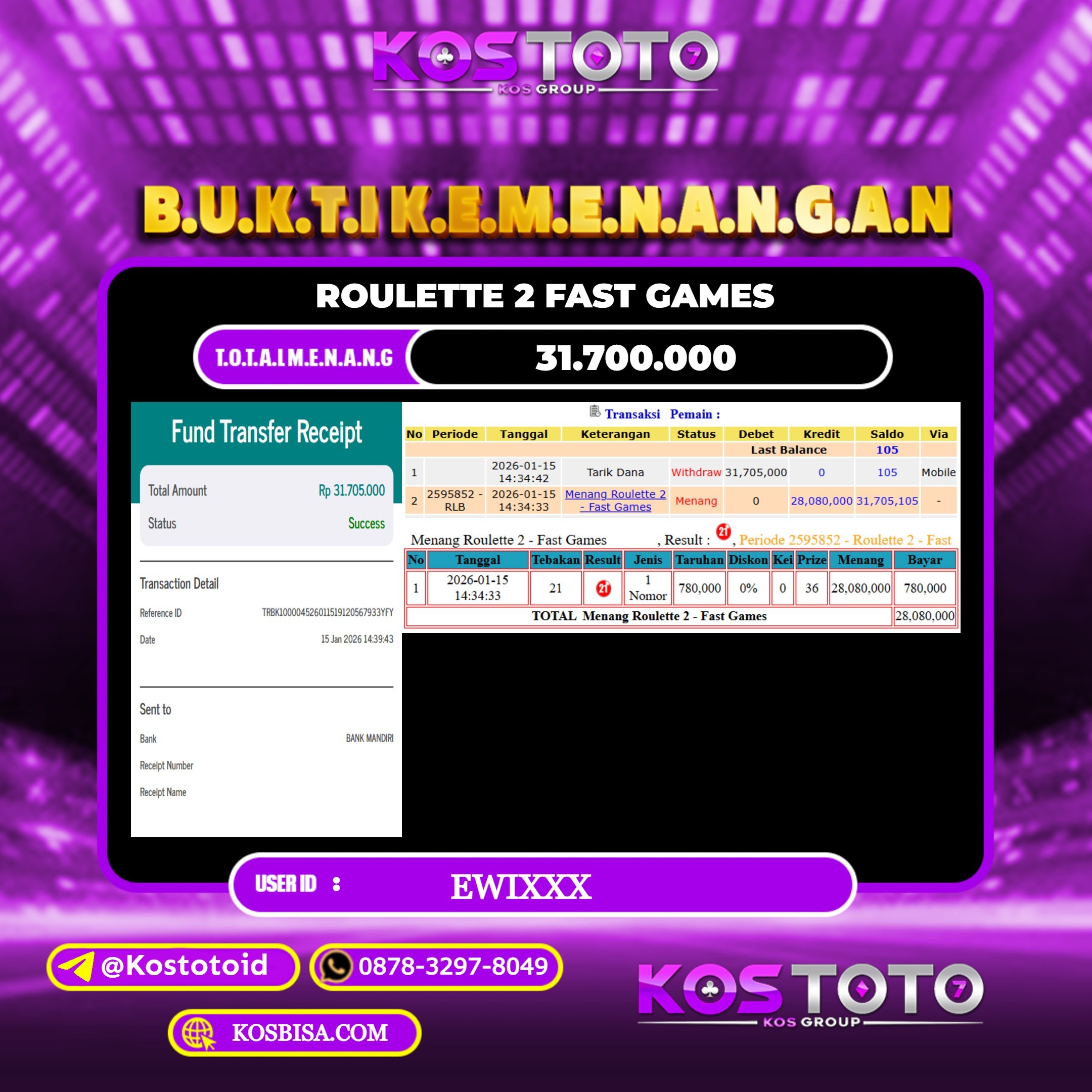 KOSTOTO JACKPOT CASINO ROULETTE 2 FAST GAMES Rp.31.700.000,- LUNAS USER ID : EWI***