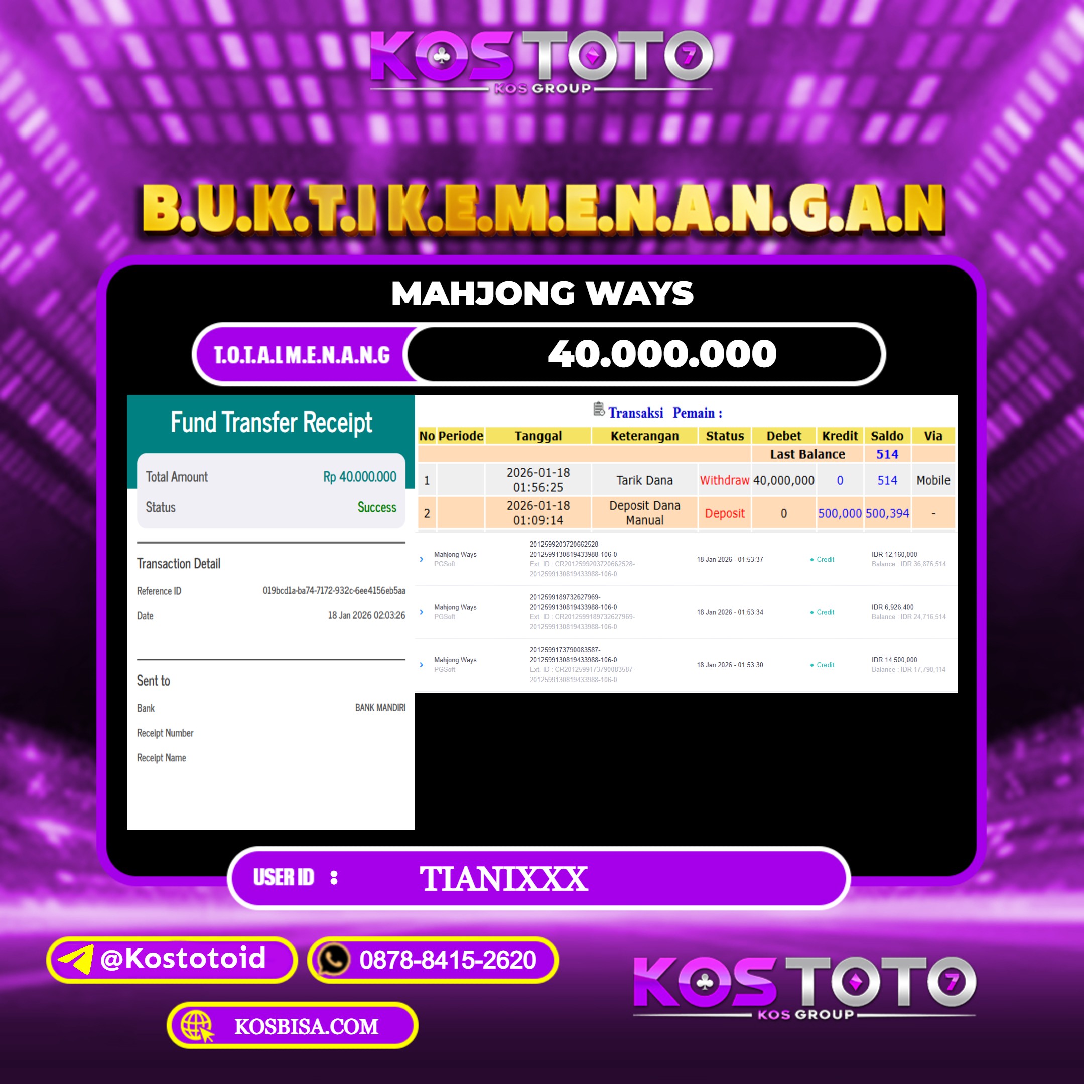 KOSTOTO JACKPOT SLOT MAHJONG WAYS RP.40.000.000,- LUNAS USER ID : TIANI***