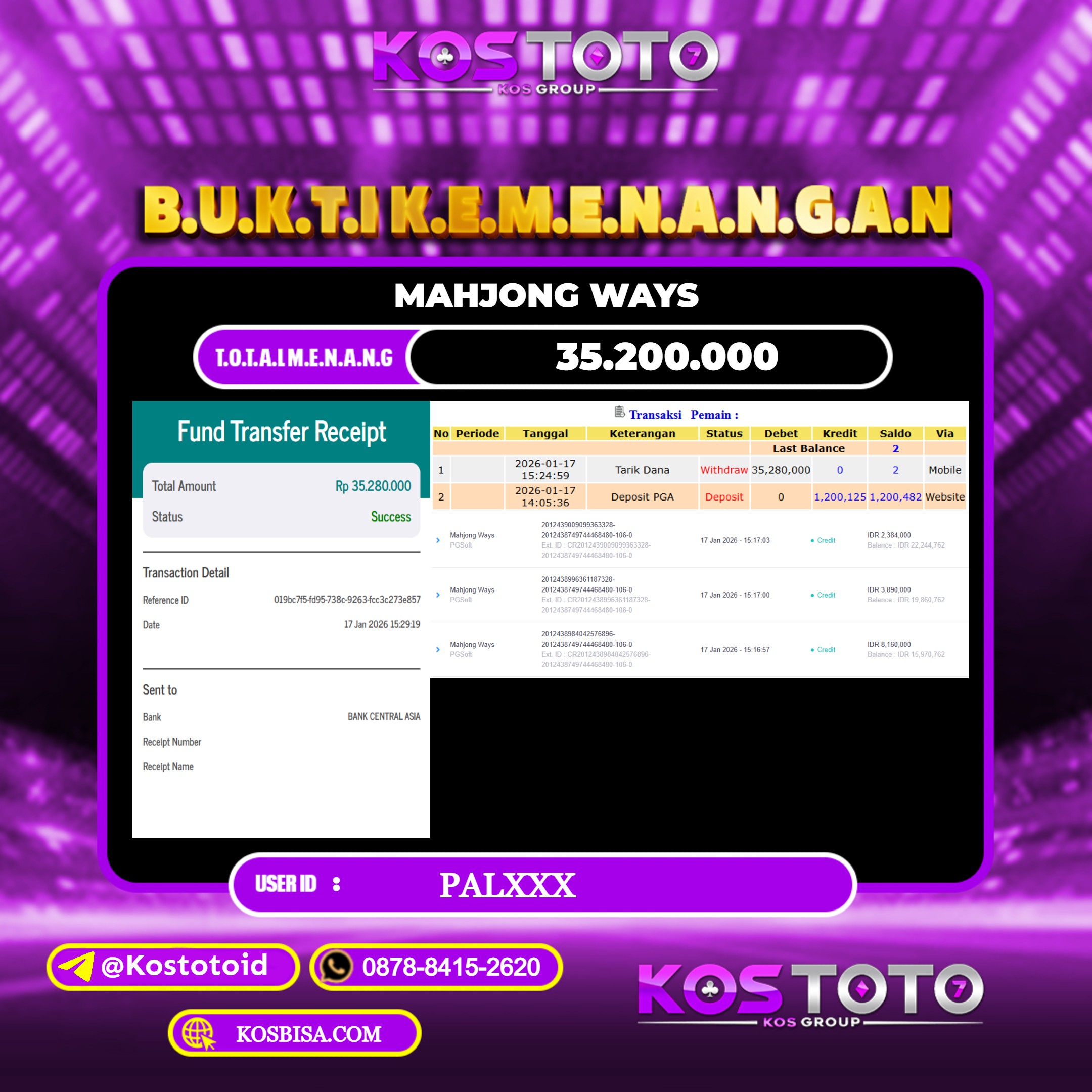 KOSTOTO JACKPOT SLOT MAHJONG WAYS RP.35.200.000,- LUNAS USER ID : PAL***