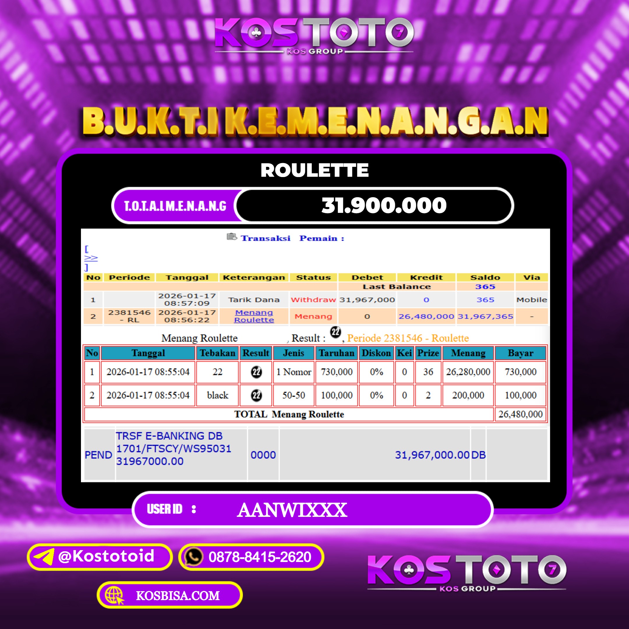 KOSTOTO JACKPOT CASINO ROULETTE Rp.31.900.000,- LUNAS USER ID : AANWI***